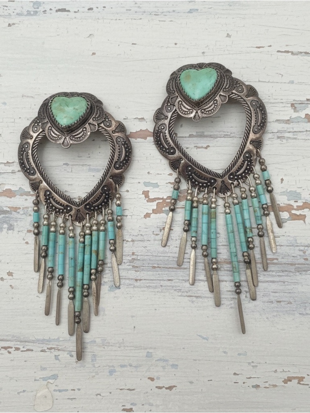 Vintage Q.T. Sterling Silver Turquoise Heart Dangle Earrings, Artisan Southwest